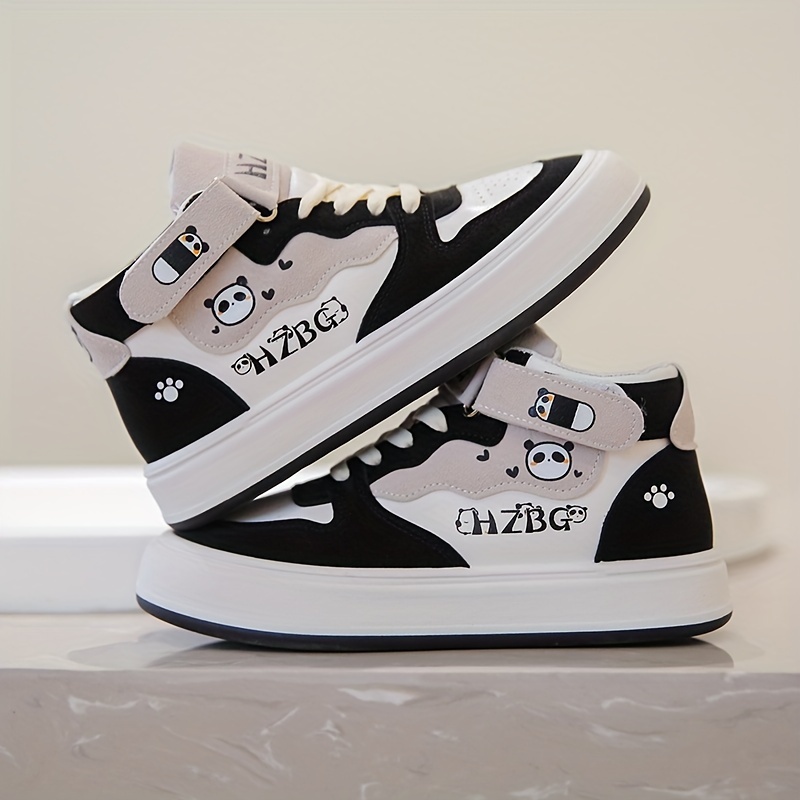 All-Season Women's Mid-Top Platform Sneakers: Comfortable Non-Slip Sole, Chic Panda Print, Lace-Up Design