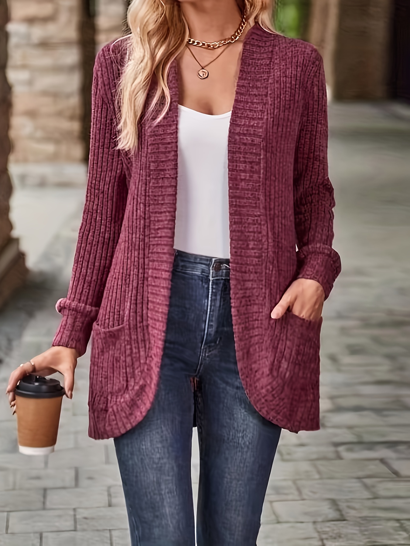 solid open front cardigan casual long sleeve drop shoulder outwear for spring fall womens clothing details 24