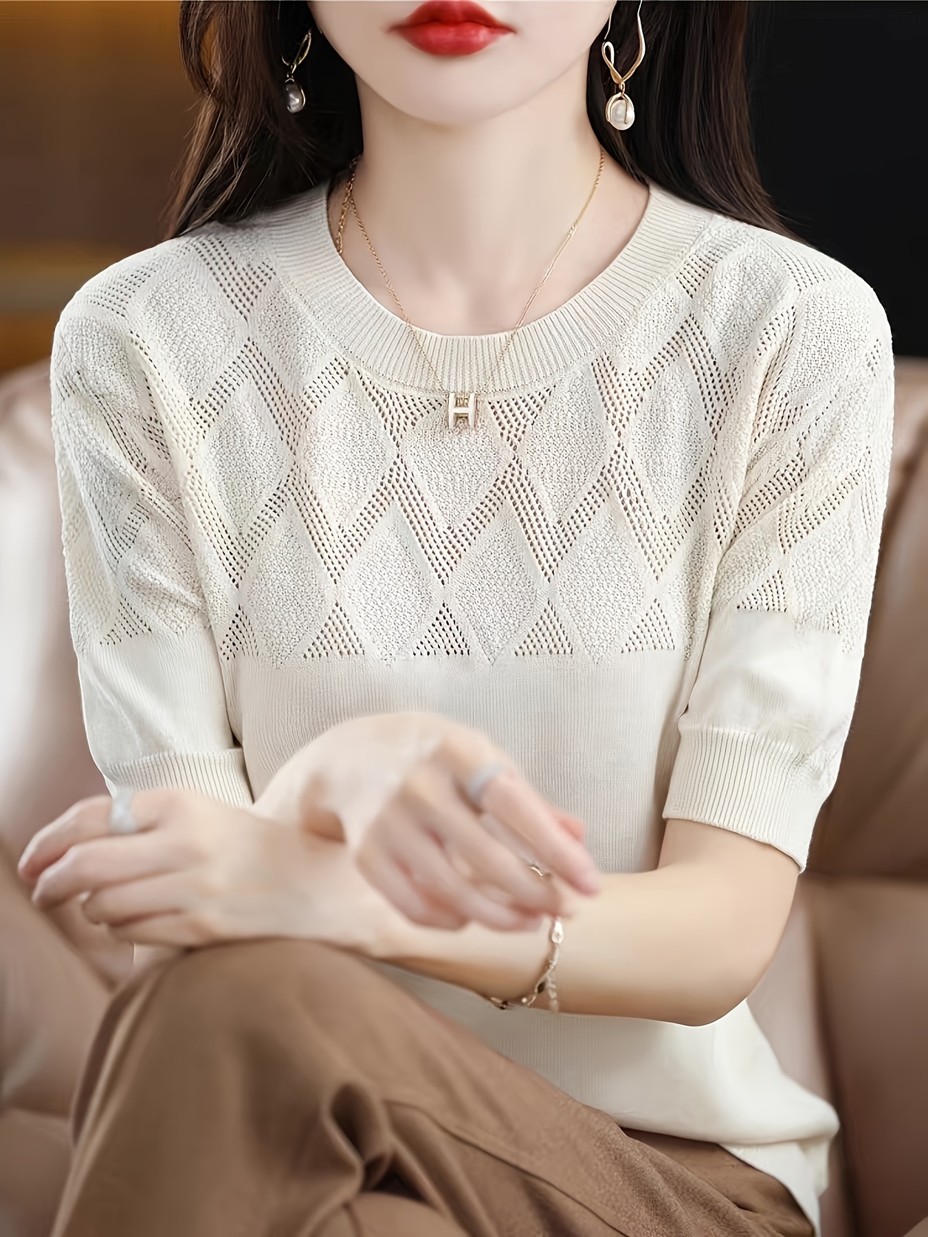 solid crew neck knit sweater elegant short sleeve pullover sweater womens clothing details 1