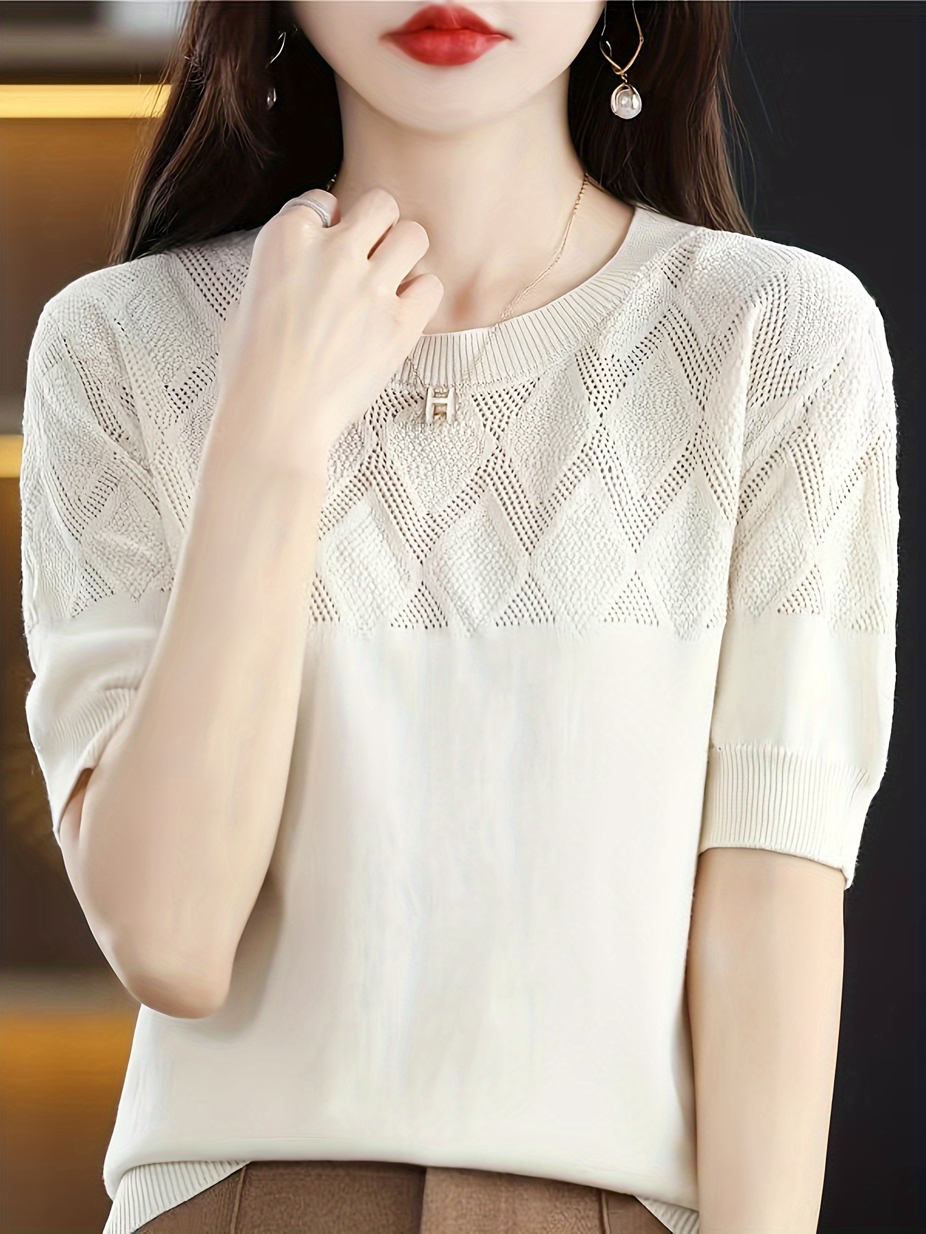 solid crew neck knit sweater elegant short sleeve pullover sweater womens clothing details 2