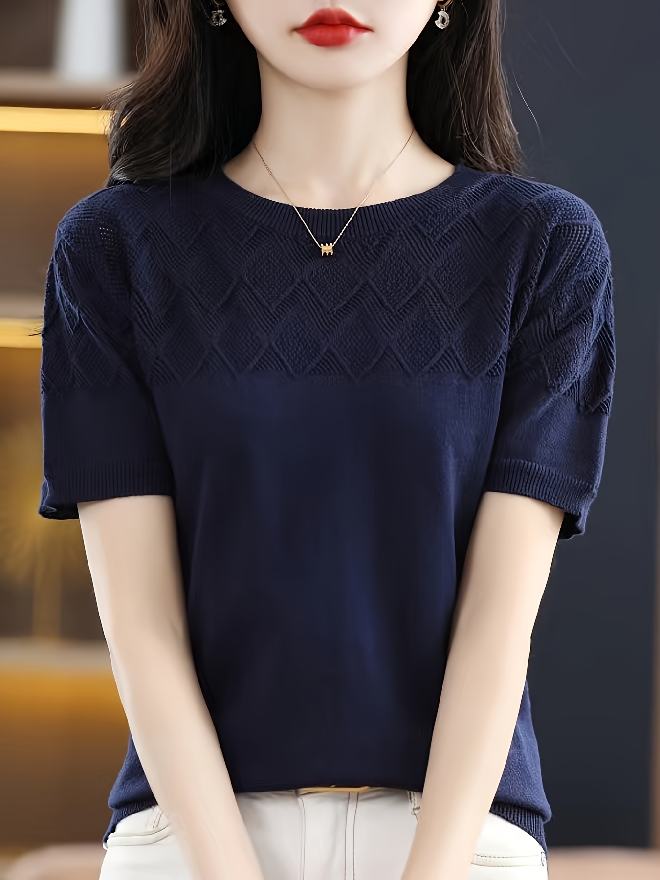 solid crew neck knit sweater elegant short sleeve pullover sweater womens clothing details 4