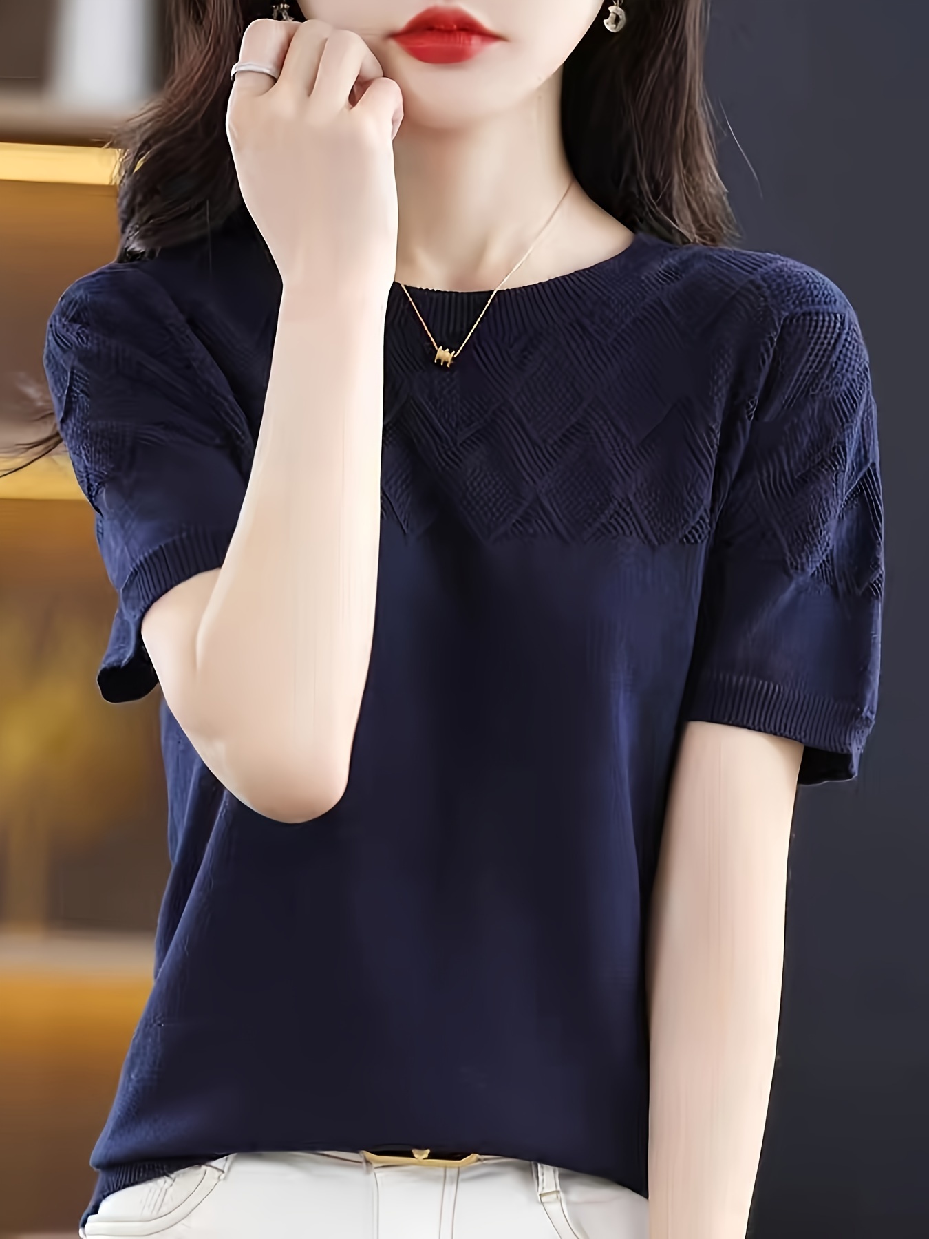 solid crew neck knit sweater elegant short sleeve pullover sweater womens clothing details 5