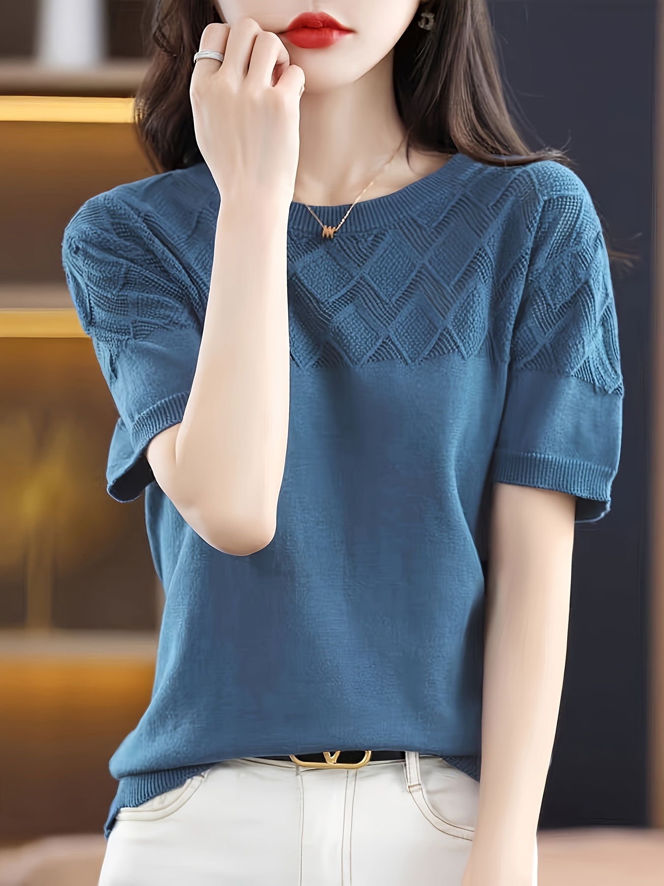 solid crew neck knit sweater elegant short sleeve pullover sweater womens clothing details 7