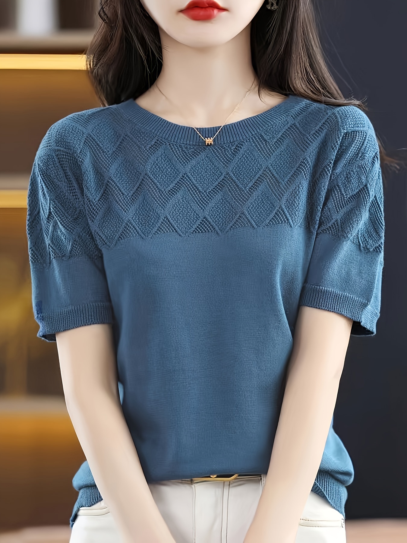 solid crew neck knit sweater elegant short sleeve pullover sweater womens clothing details 8