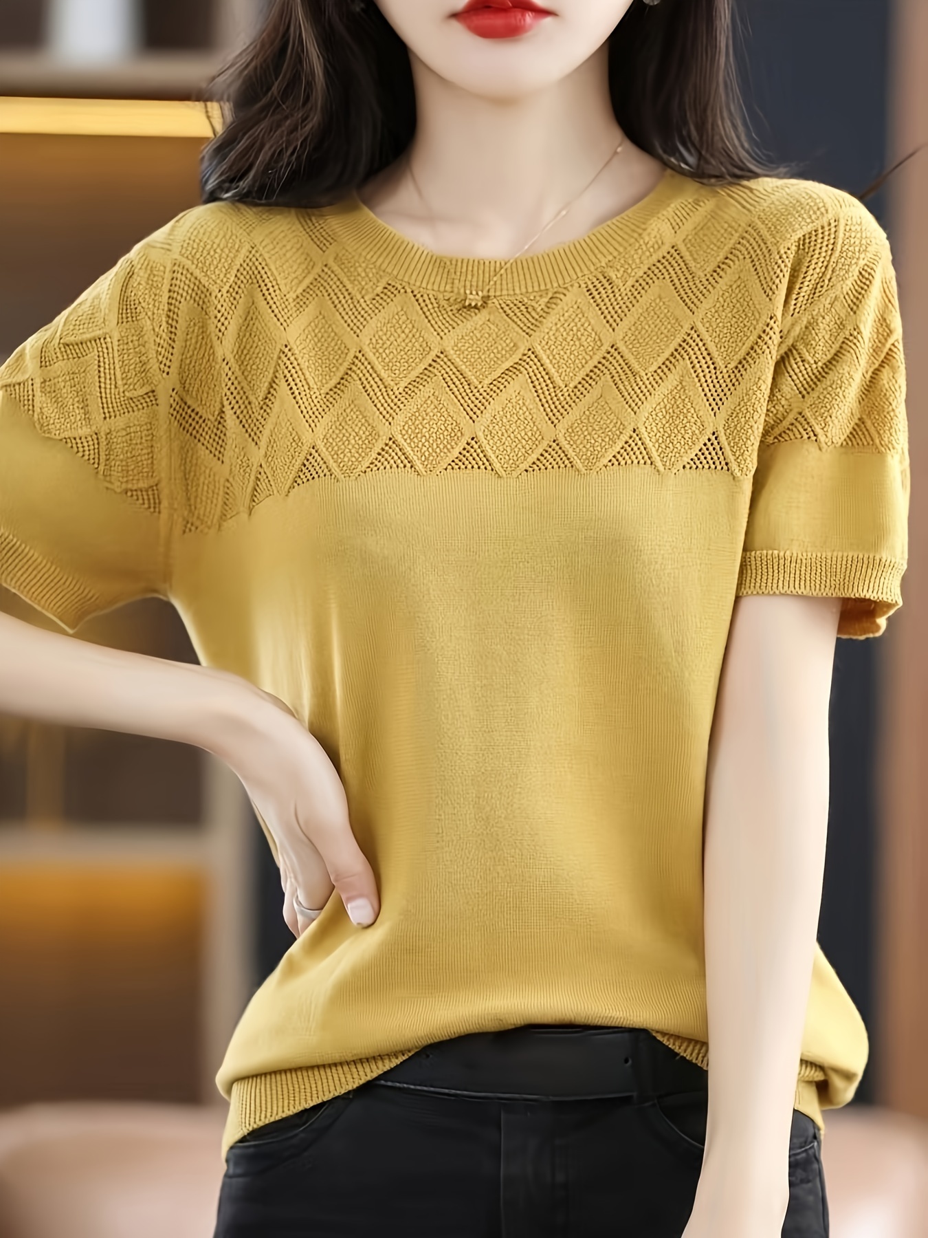 solid crew neck knit sweater elegant short sleeve pullover sweater womens clothing details 10