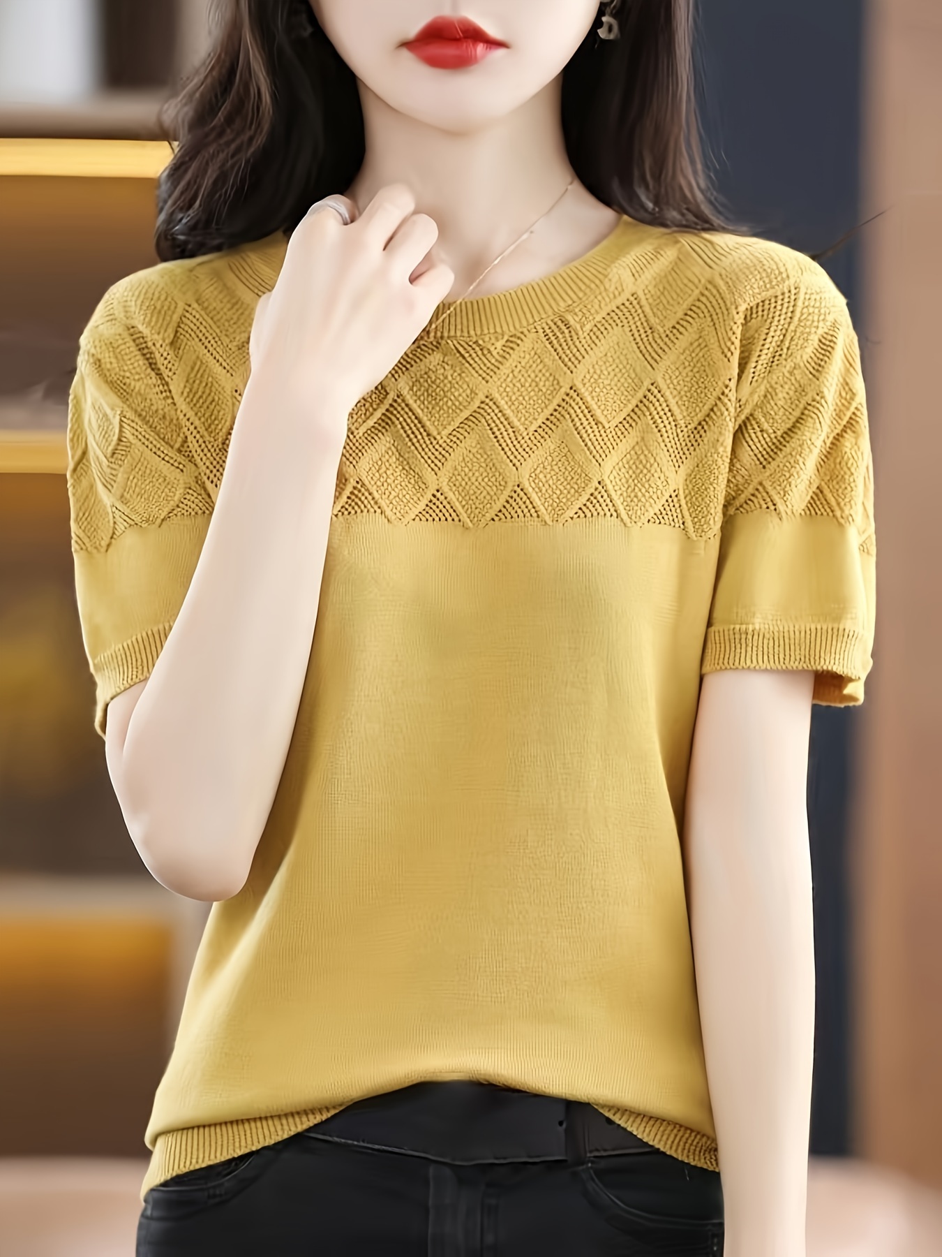 solid crew neck knit sweater elegant short sleeve pullover sweater womens clothing details 11