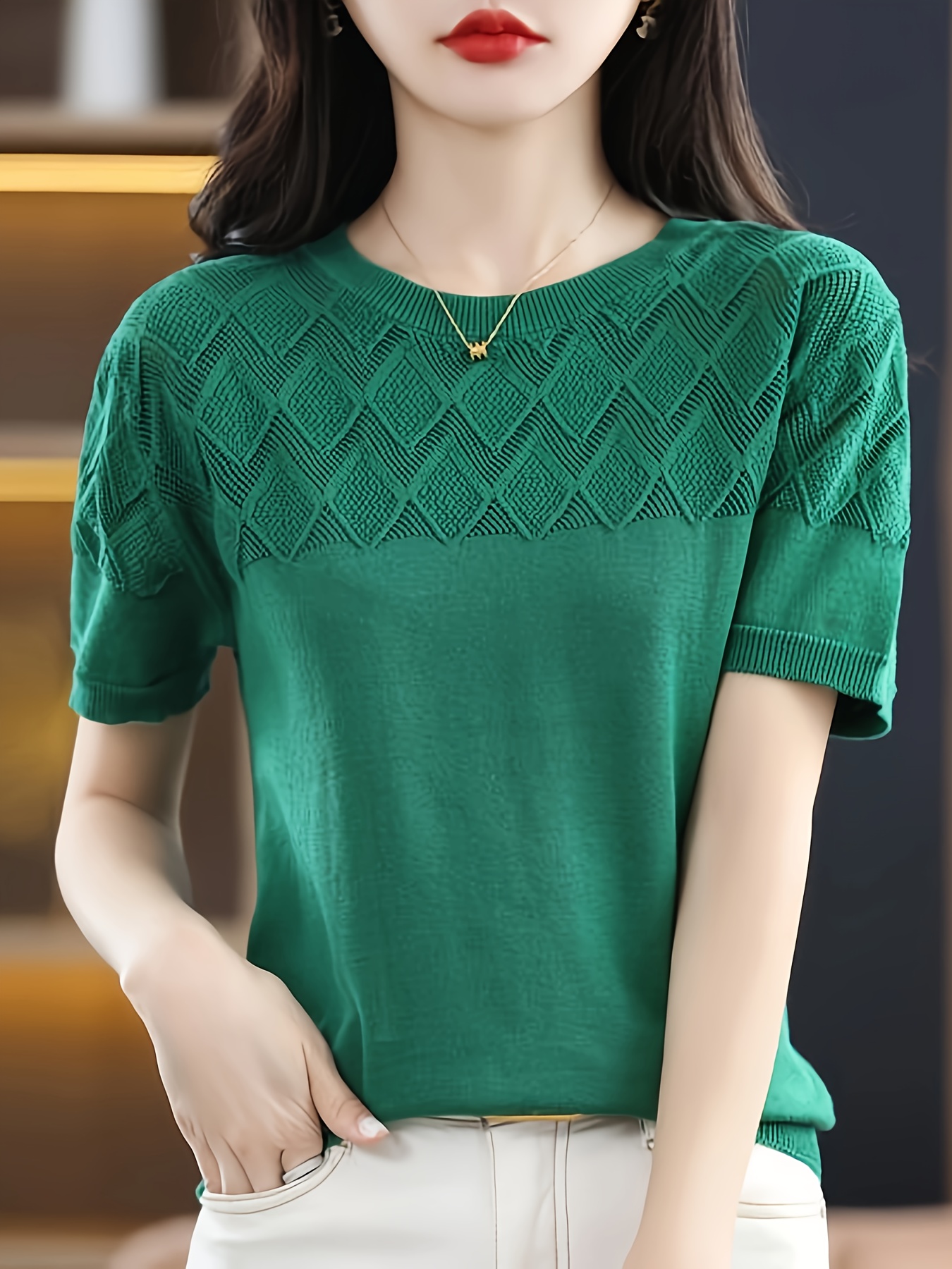 solid crew neck knit sweater elegant short sleeve pullover sweater womens clothing details 14