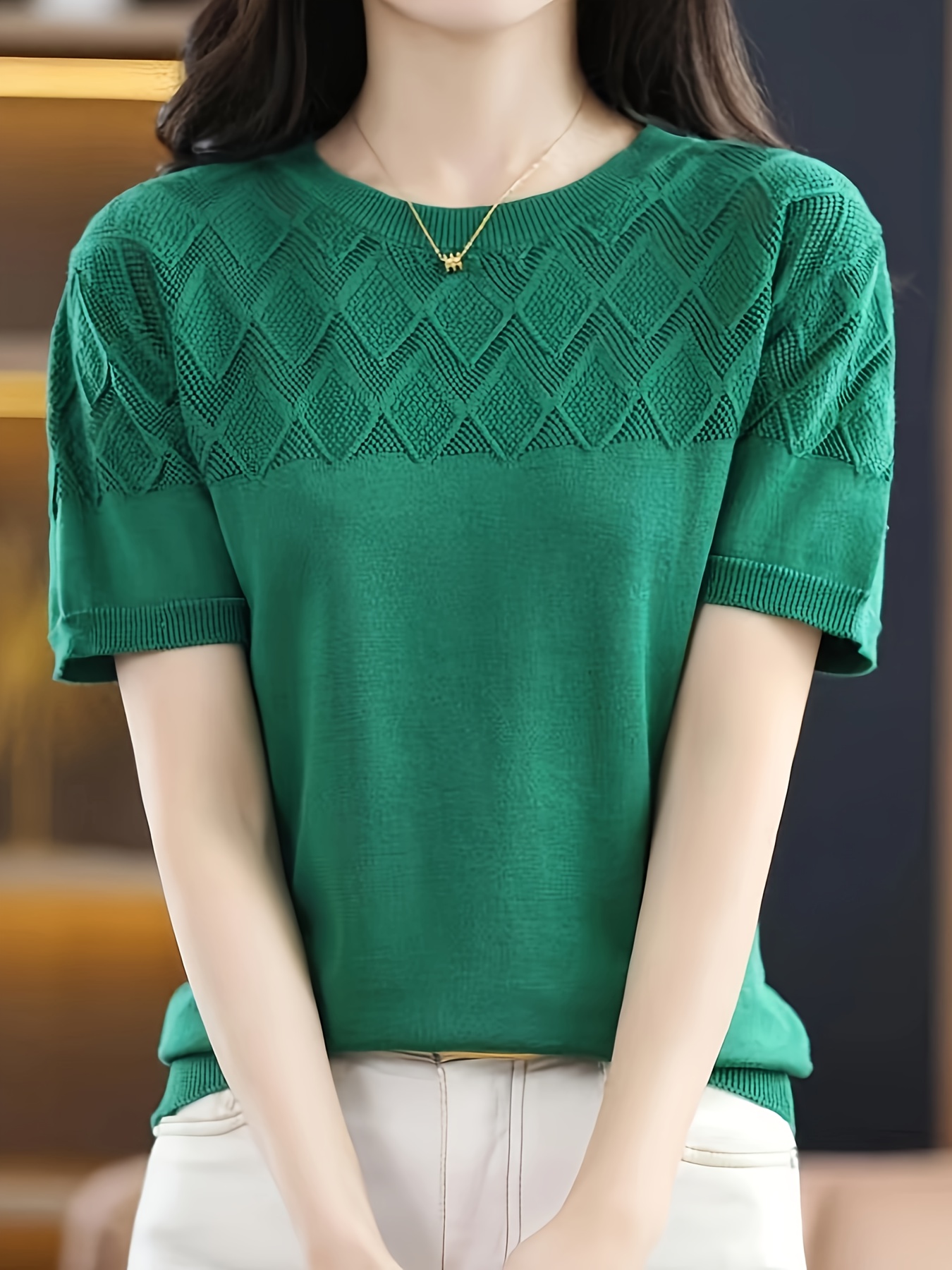 solid crew neck knit sweater elegant short sleeve pullover sweater womens clothing details 15