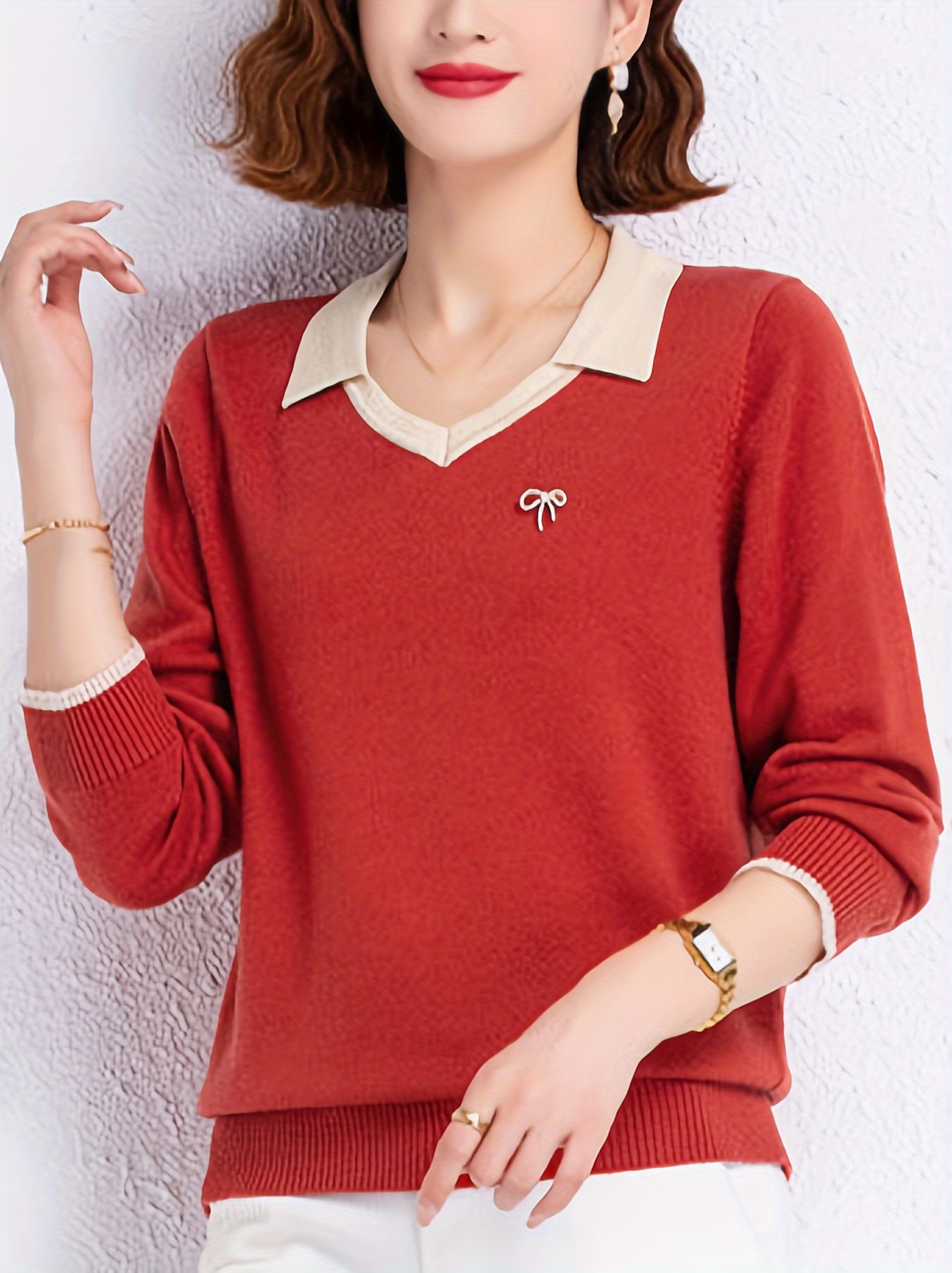 notched collar knitted sweater casual long sleeve versatile sweater womens clothing details 7