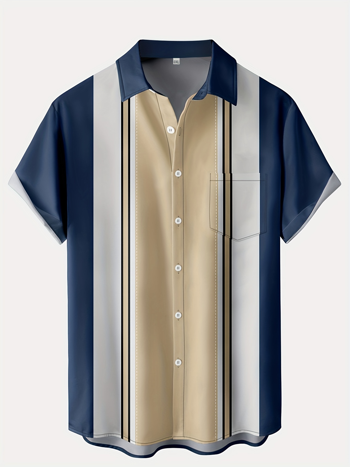 mens polyester color block vertical striped button through shirt details 1