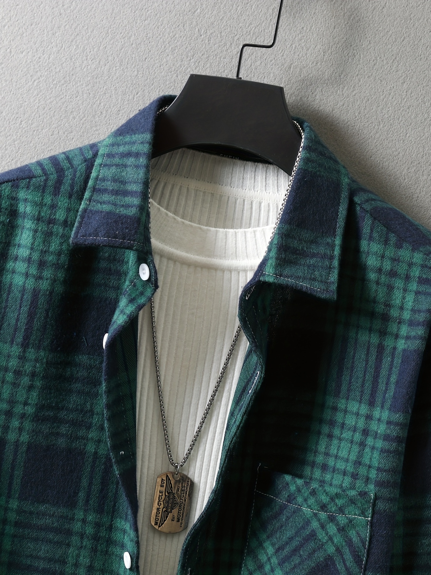 mens loose shirt top turn down collar long sleeve closure classic plaid male casual shirt for daily details 2