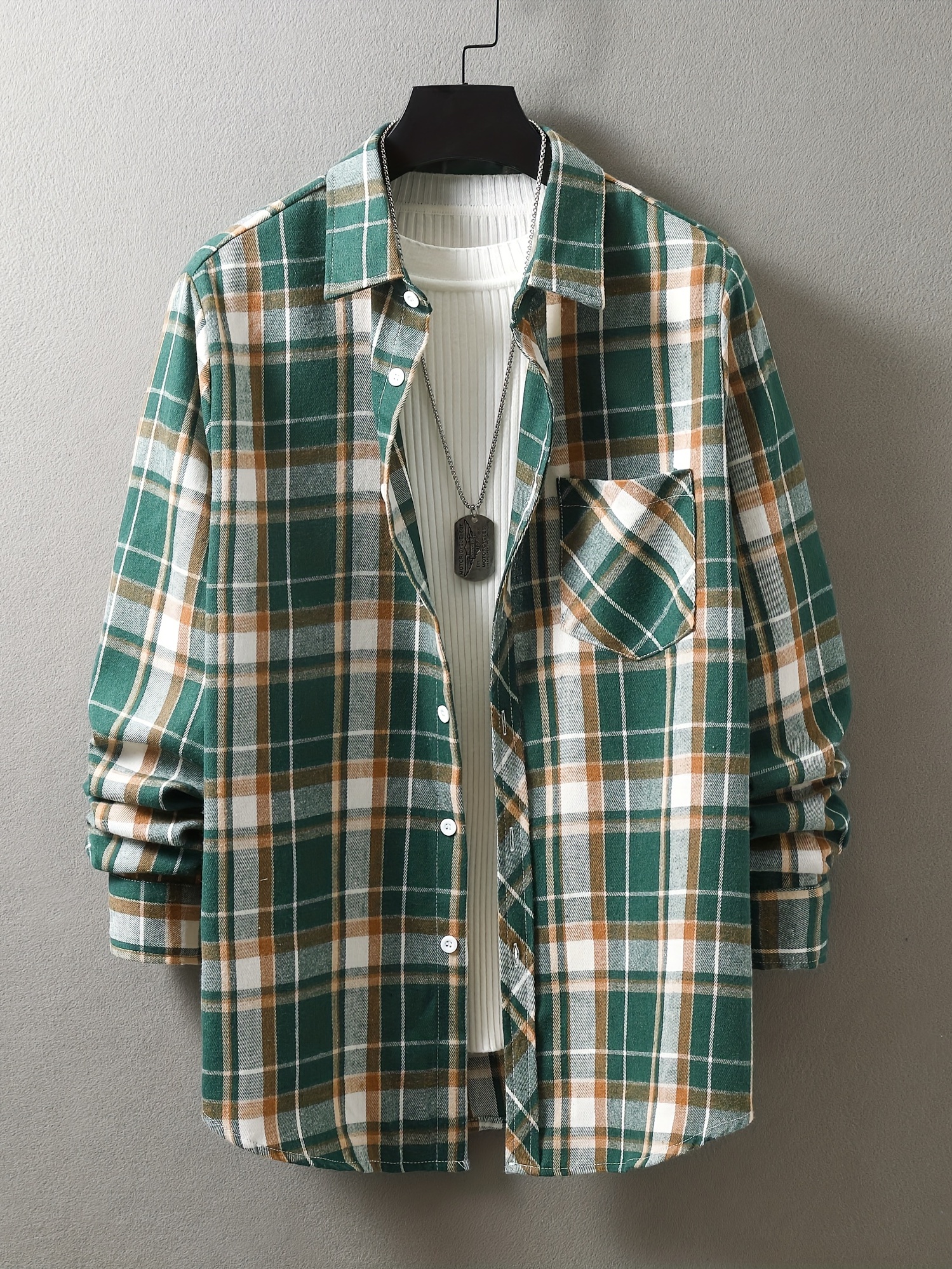 mens loose shirt top turn down collar long sleeve closure classic plaid male casual shirt for daily details 5