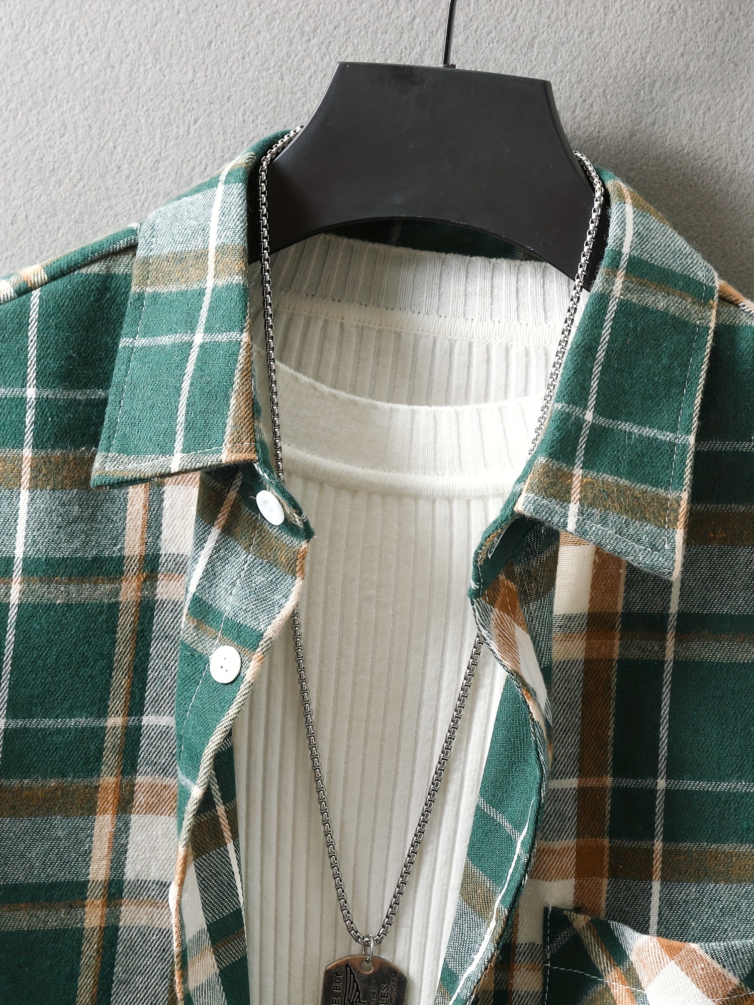 mens loose shirt top turn down collar long sleeve closure classic plaid male casual shirt for daily details 7