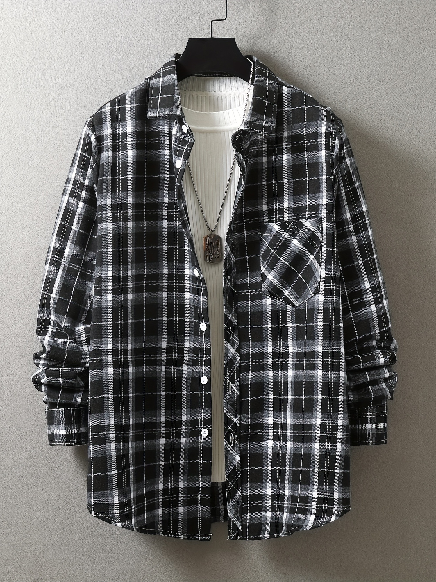 mens loose shirt top turn down collar long sleeve closure classic plaid male casual shirt for daily details 10