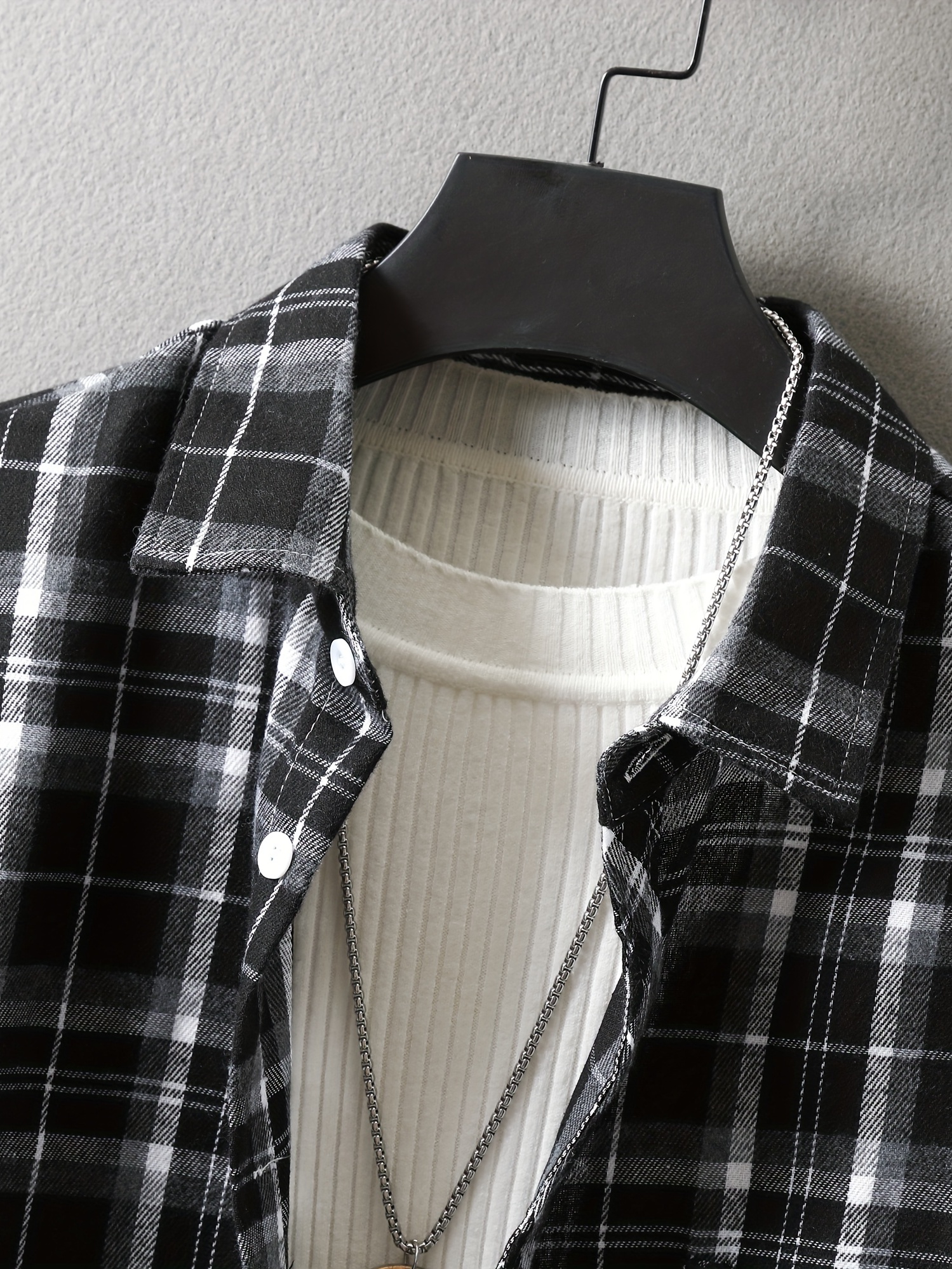 mens loose shirt top turn down collar long sleeve closure classic plaid male casual shirt for daily details 12