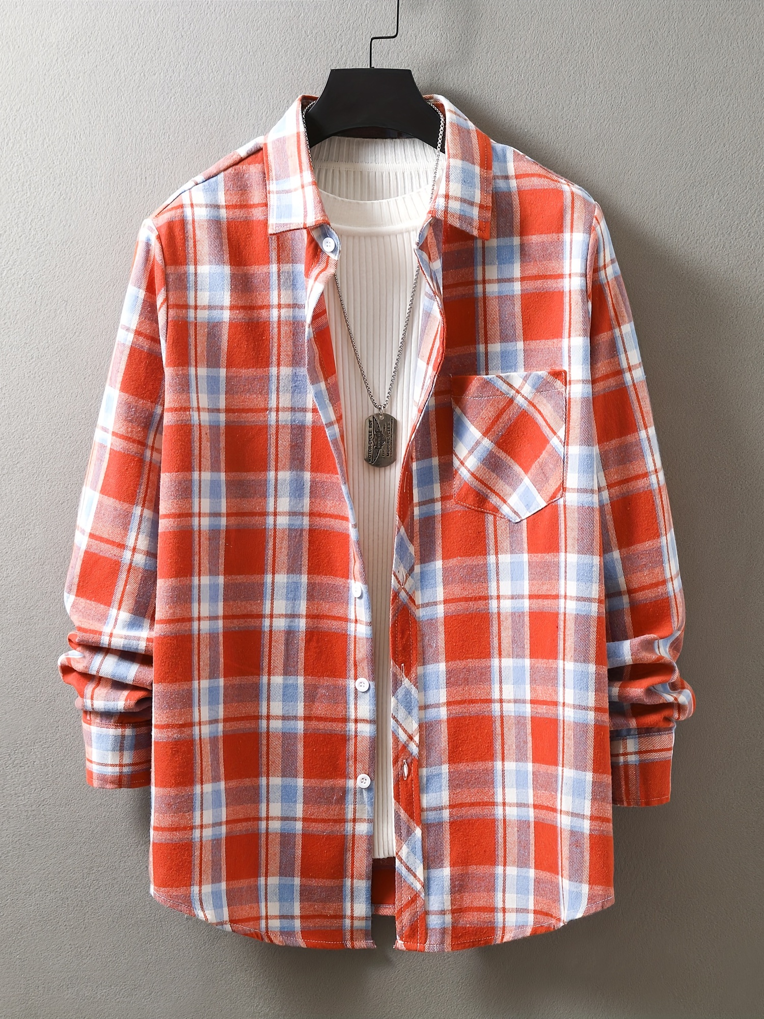 mens loose shirt top turn down collar long sleeve closure classic plaid male casual shirt for daily details 20