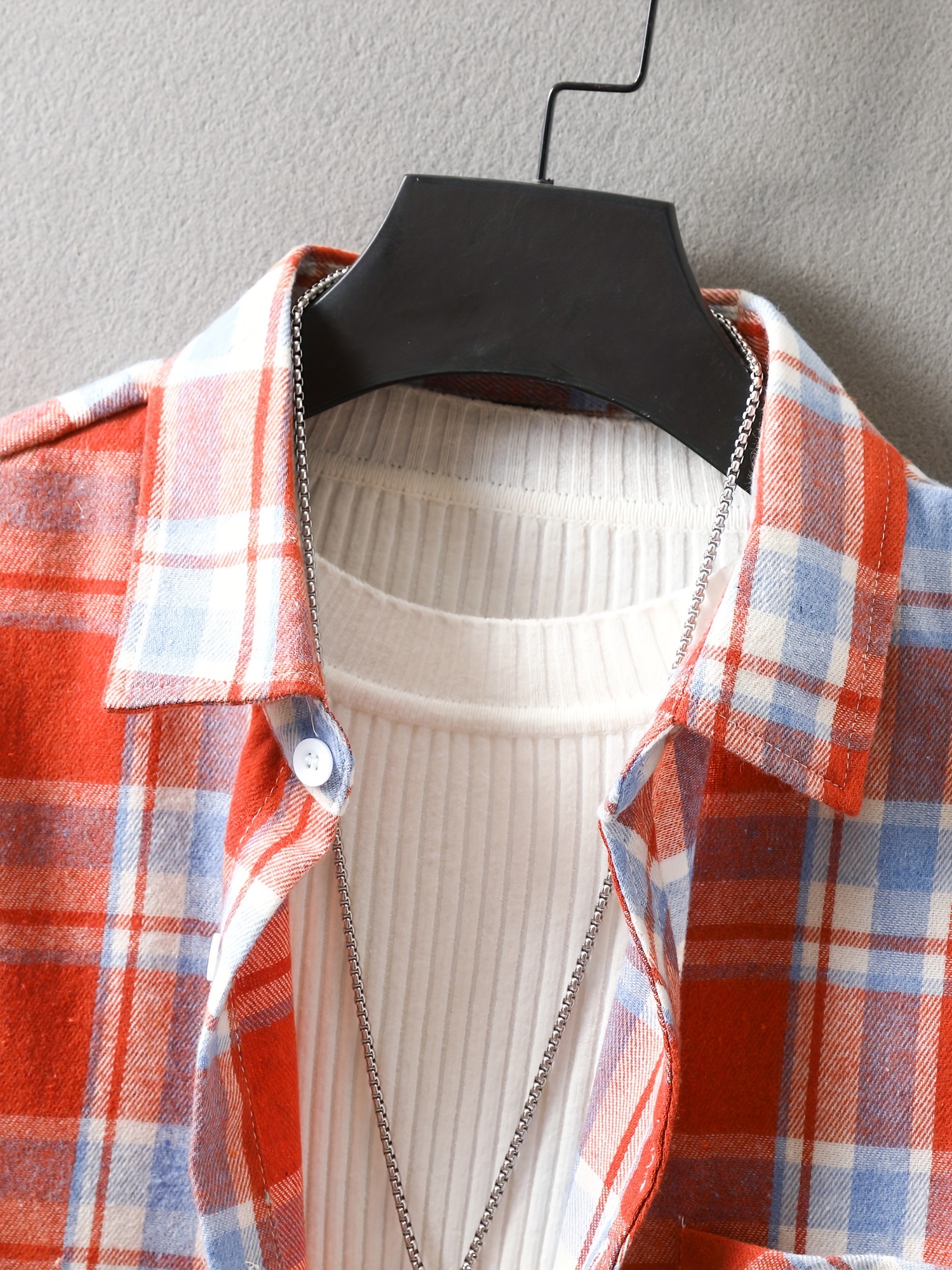 mens loose shirt top turn down collar long sleeve closure classic plaid male casual shirt for daily details 22