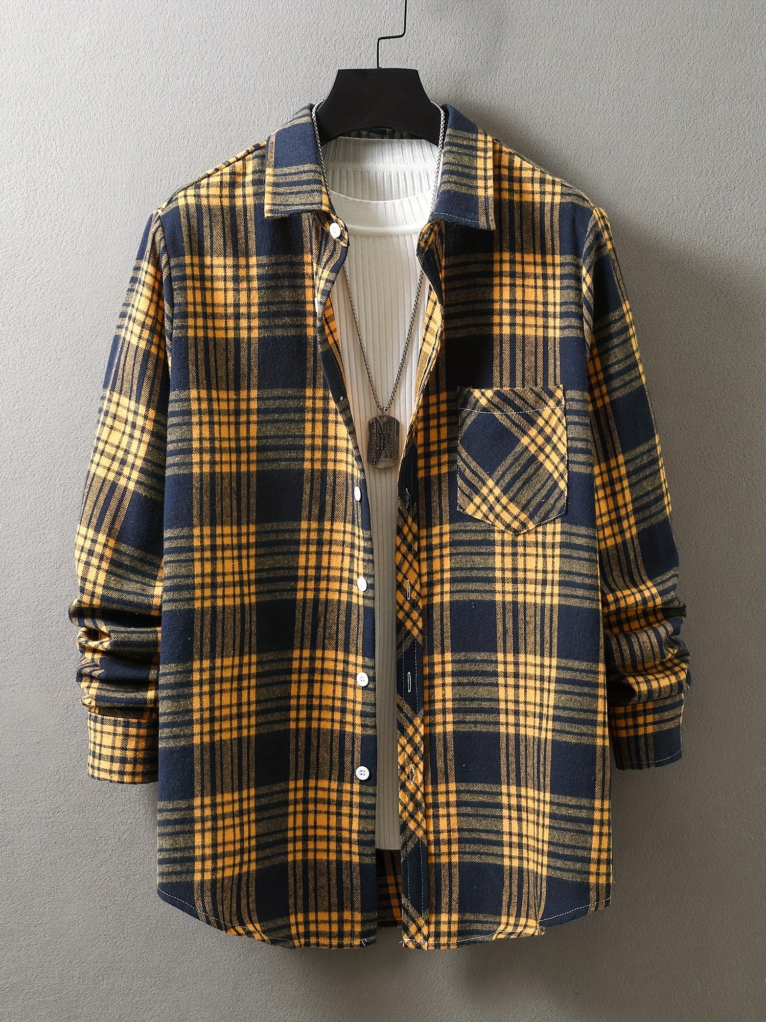 mens loose shirt top turn down collar long sleeve closure classic plaid male casual shirt for daily details 25