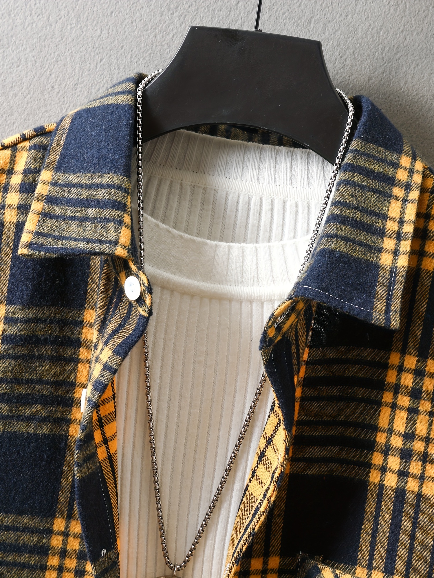 mens loose shirt top turn down collar long sleeve closure classic plaid male casual shirt for daily details 27