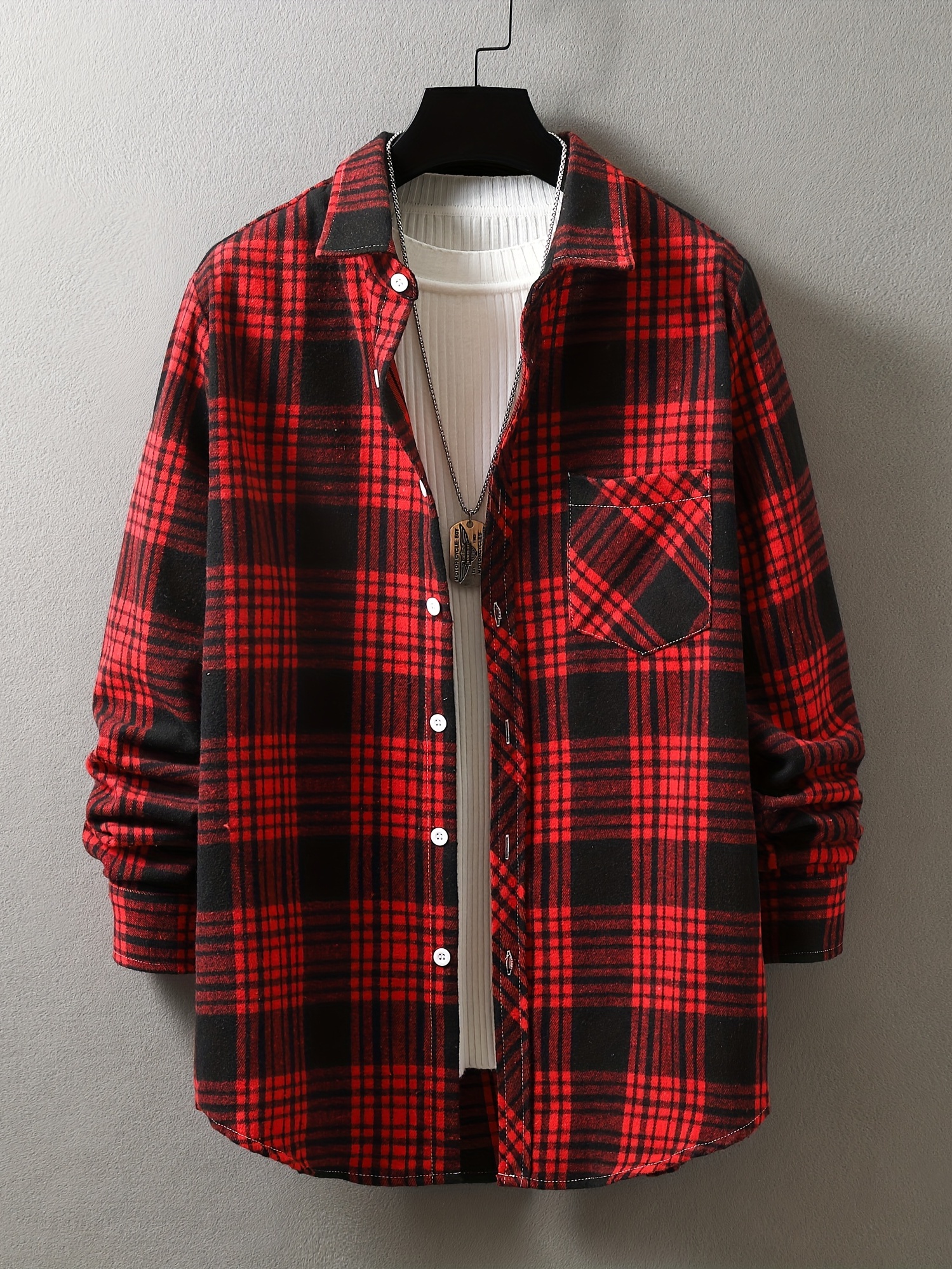 mens loose shirt top turn down collar long sleeve closure classic plaid male casual shirt for daily details 30