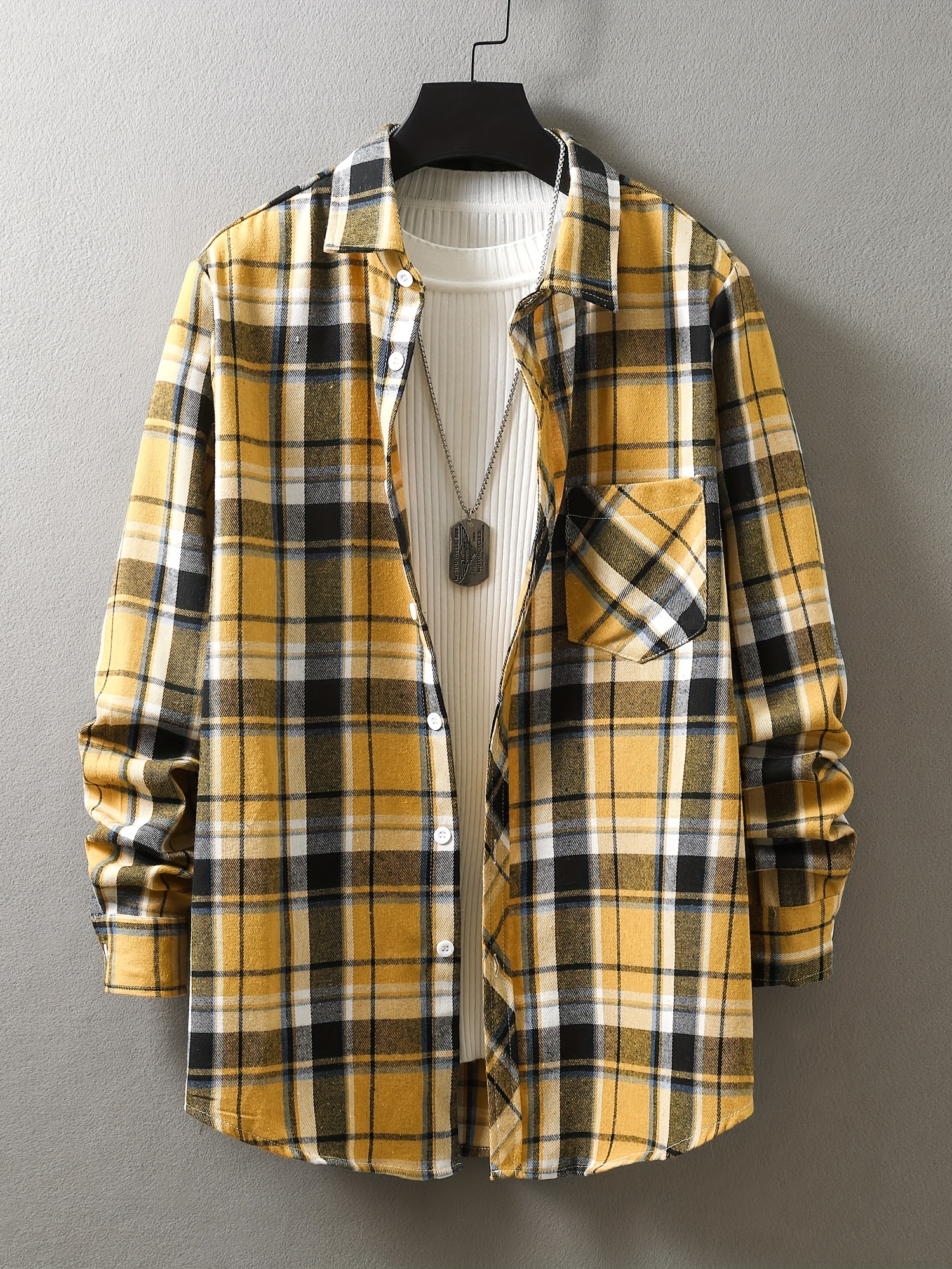 mens loose shirt top turn down collar long sleeve closure classic plaid male casual shirt for daily details 36