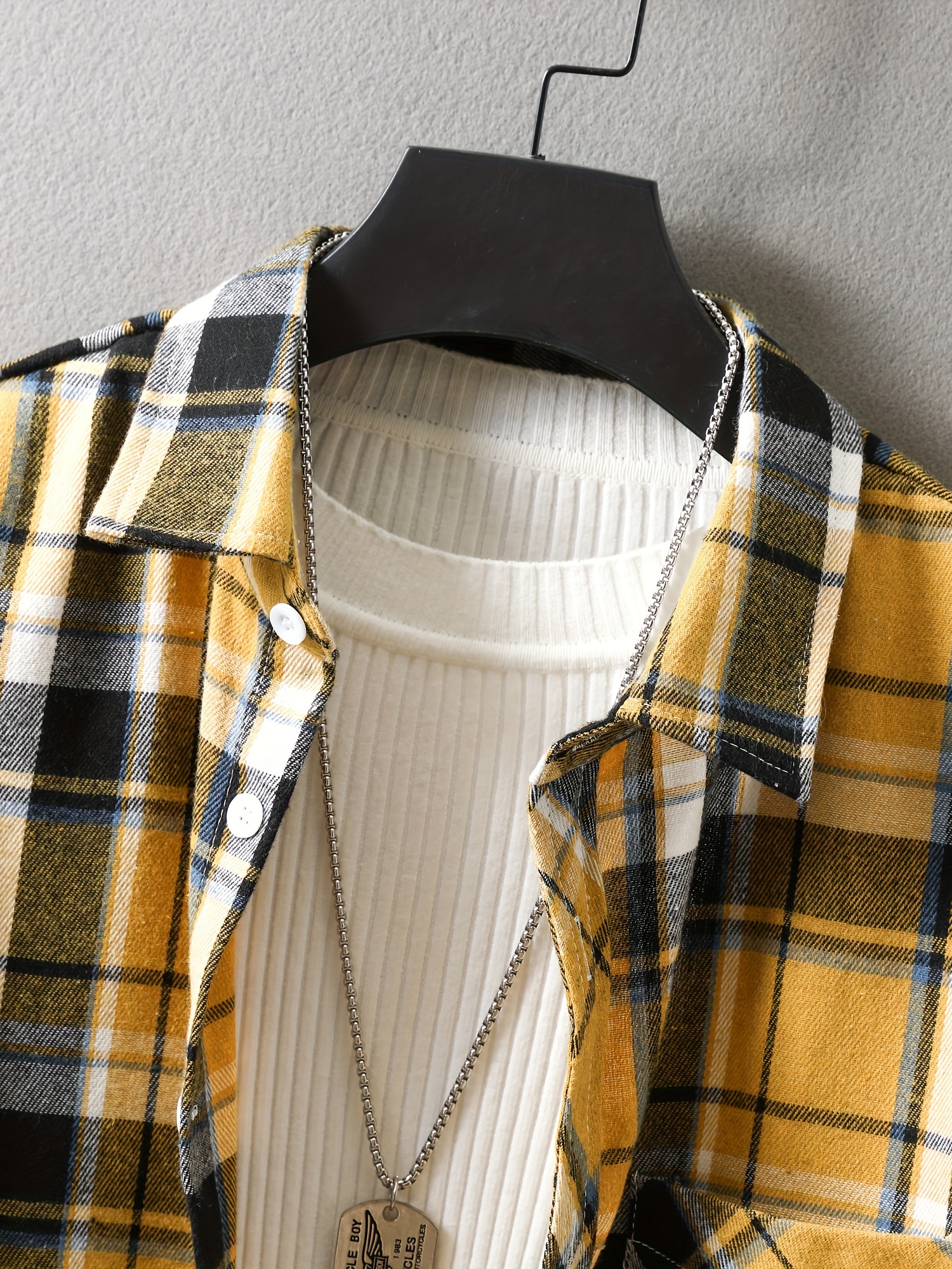 mens loose shirt top turn down collar long sleeve closure classic plaid male casual shirt for daily details 37